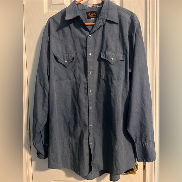 Plains Western Wear Pearl Snap Large Tall Man Blue Long Sleeve Shirt - Picture 2 of 9